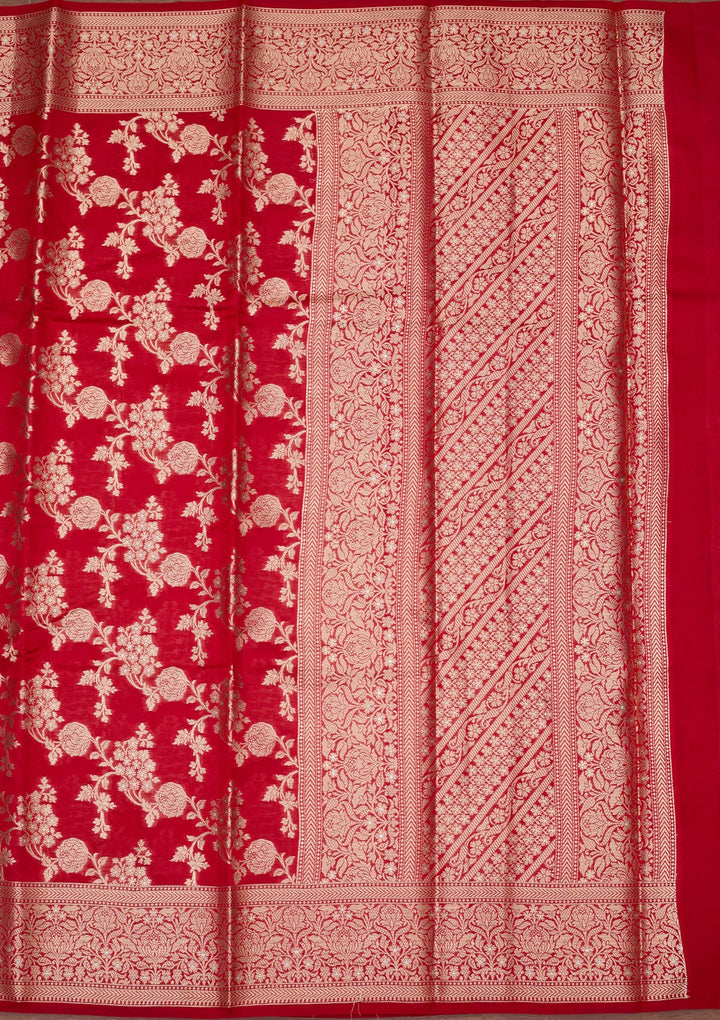 Red Silk Jaal Saree With Matching Blouse Piece