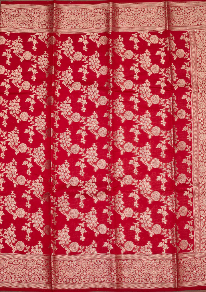 Red Silk Jaal Saree With Matching Blouse Piece