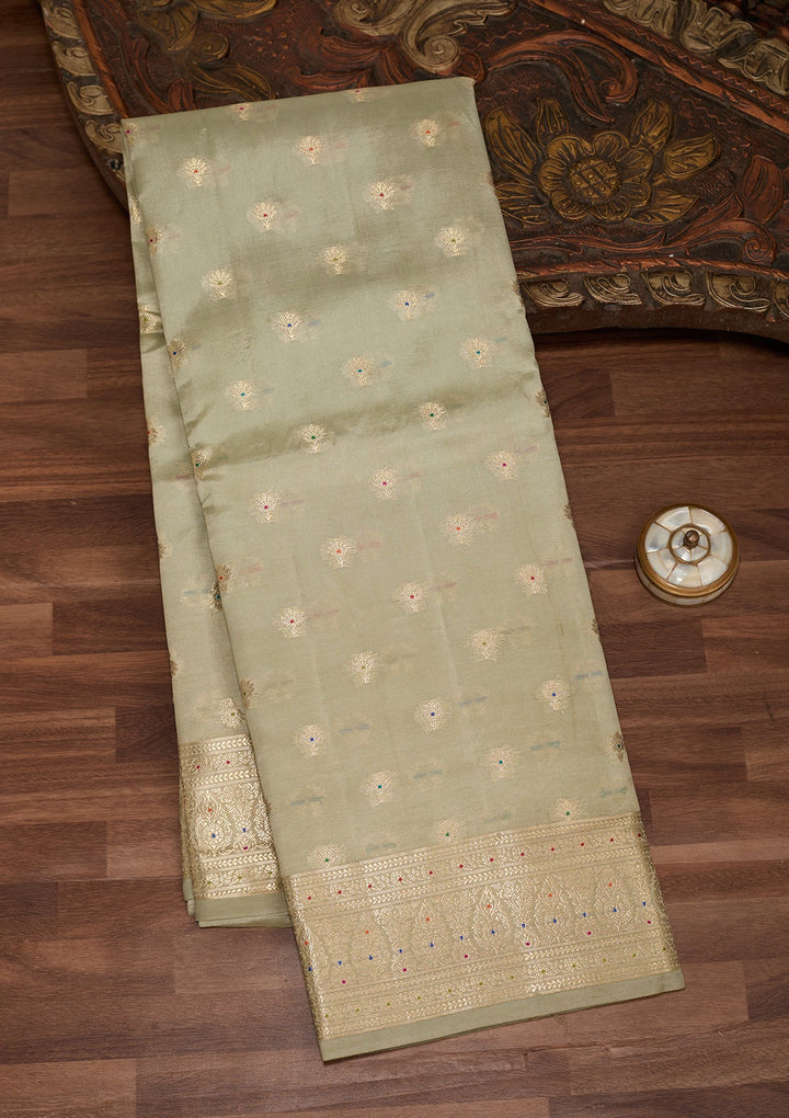 Pista Green Silk Jaal Saree With Matching Blouse Piece