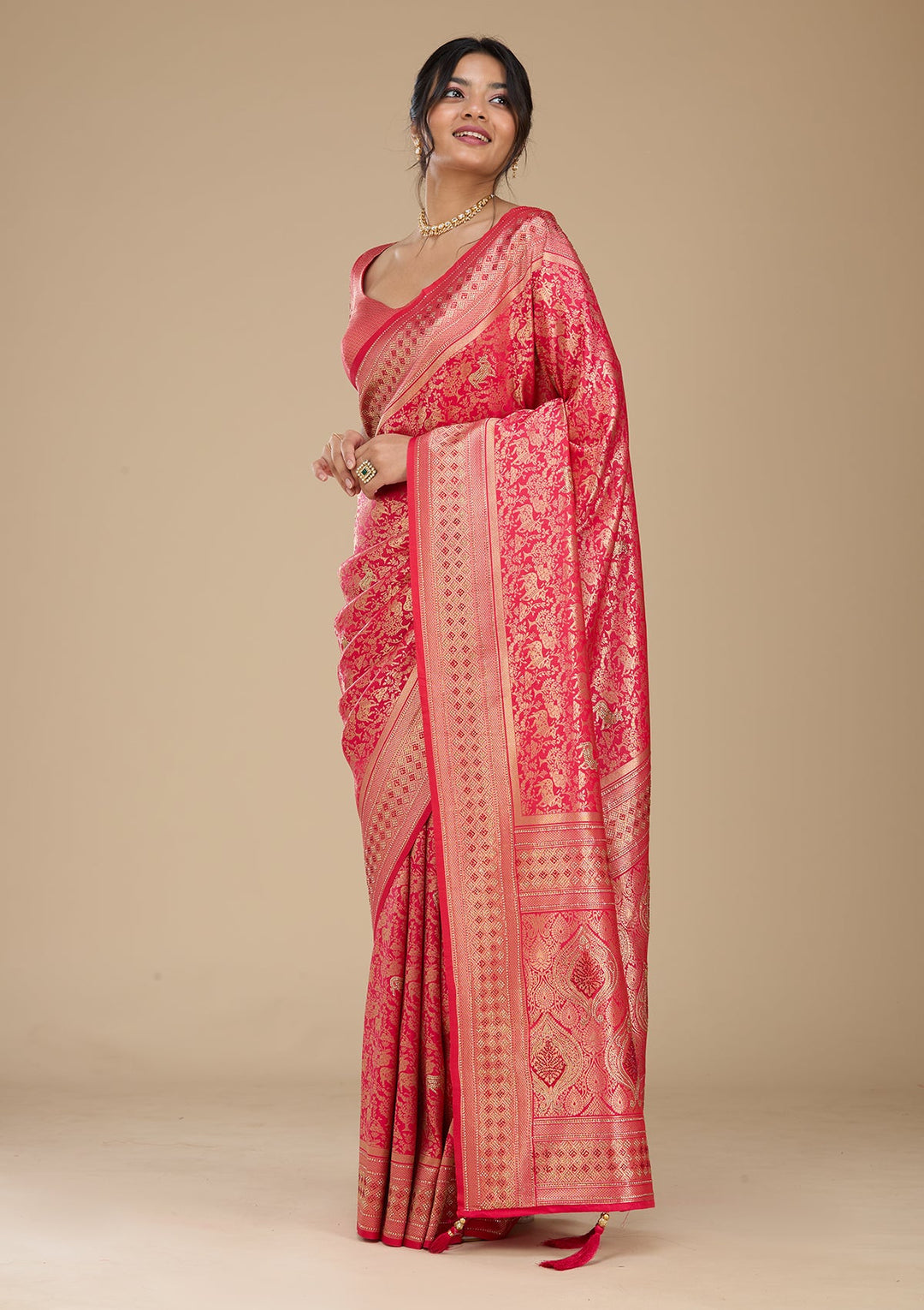 Rani Pink Banarasi Art Silk Saree With Matching Blouse Piece