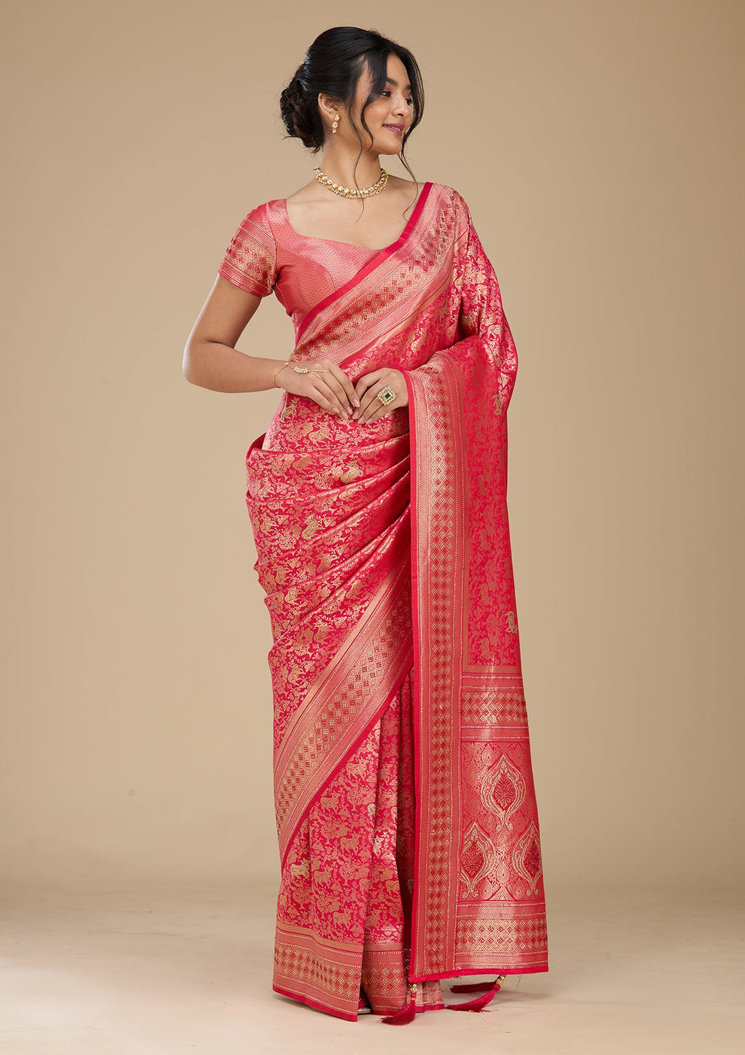 Rani Pink Banarasi Art Silk Saree With Matching Blouse Piece