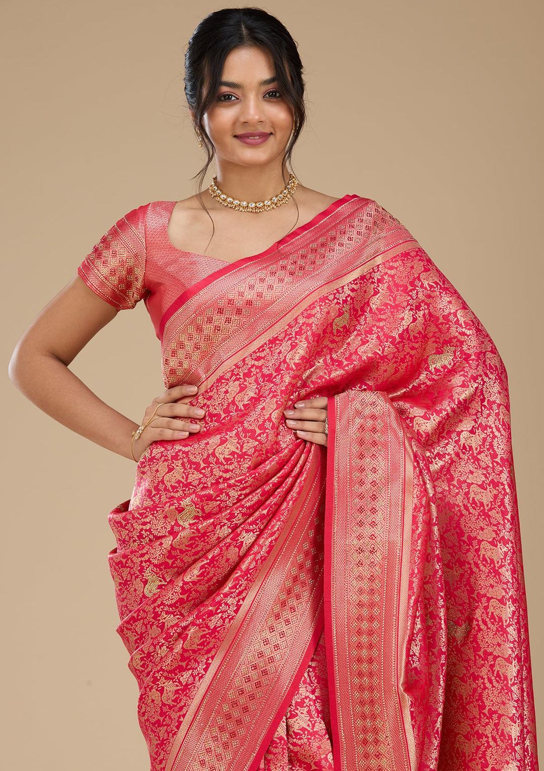 Rani Pink Banarasi Art Silk Saree With Matching Blouse Piece