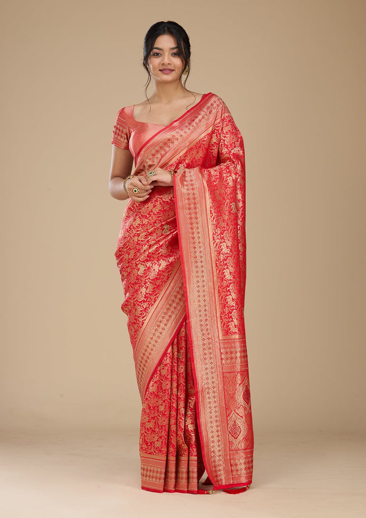 Red Banarasi Art Silk Saree With Matching Blouse Piece