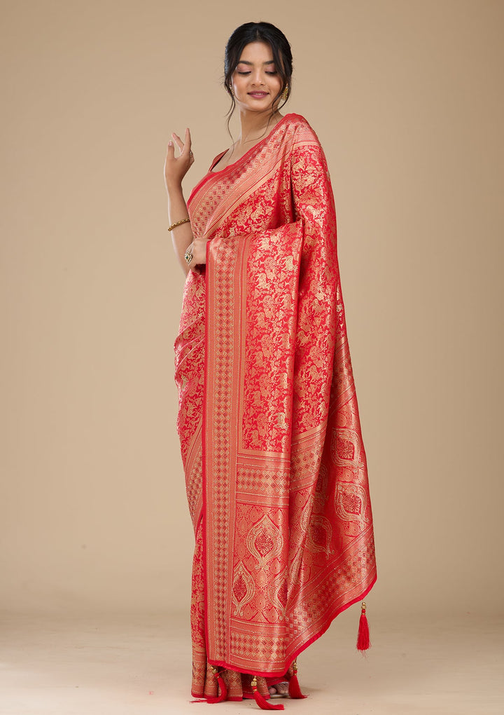 Red Banarasi Art Silk Saree With Matching Blouse Piece