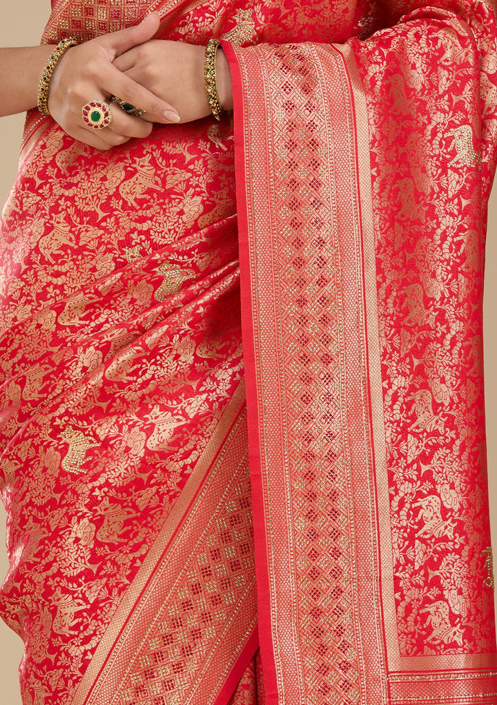 Red Banarasi Art Silk Saree With Matching Blouse Piece