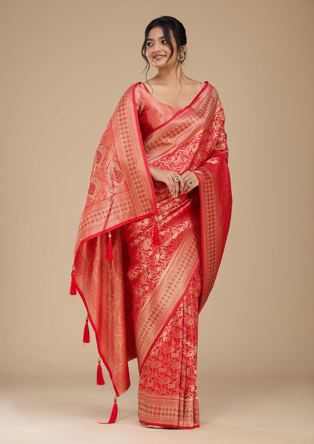 Red Banarasi Art Silk Saree With Matching Blouse Piece