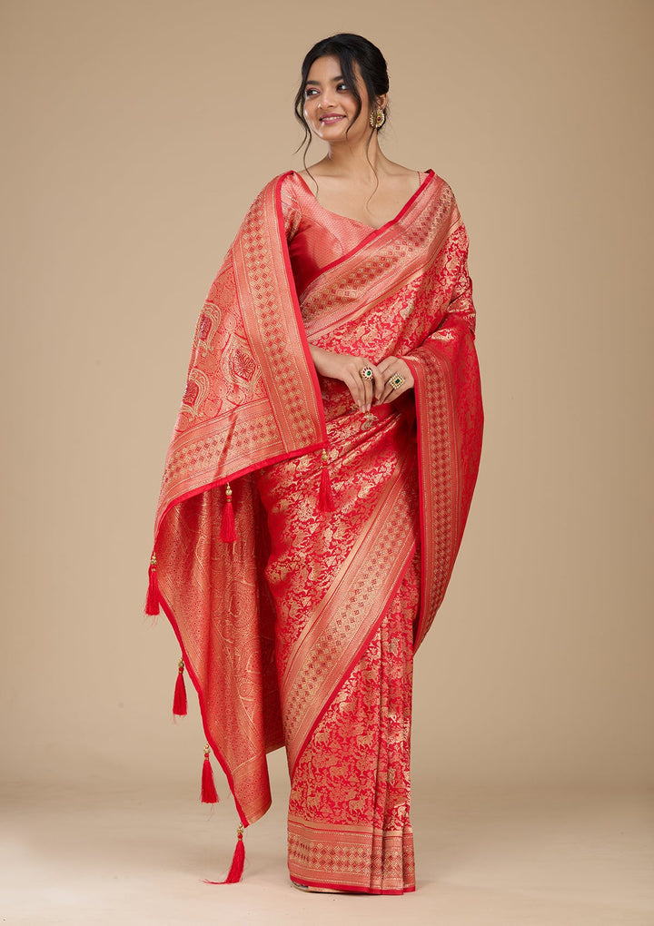 Red Banarasi Art Silk Saree With Matching Blouse Piece