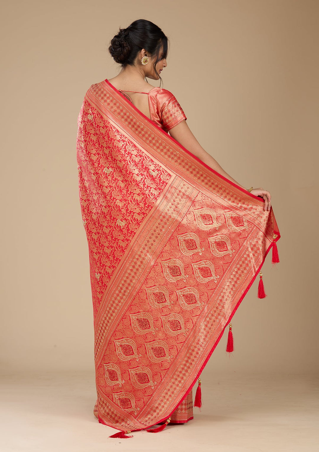 Red Banarasi Art Silk Saree With Matching Blouse Piece