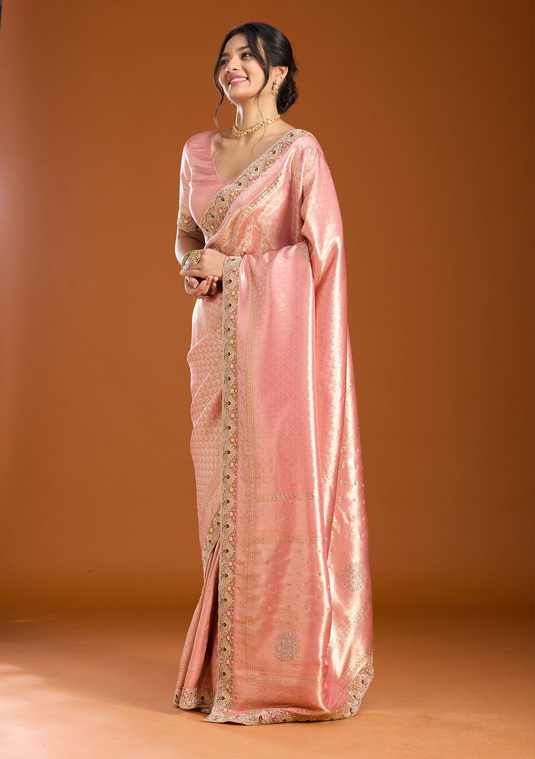 Peach Banarasi Art Silk Saree With Matching Blouse Piece