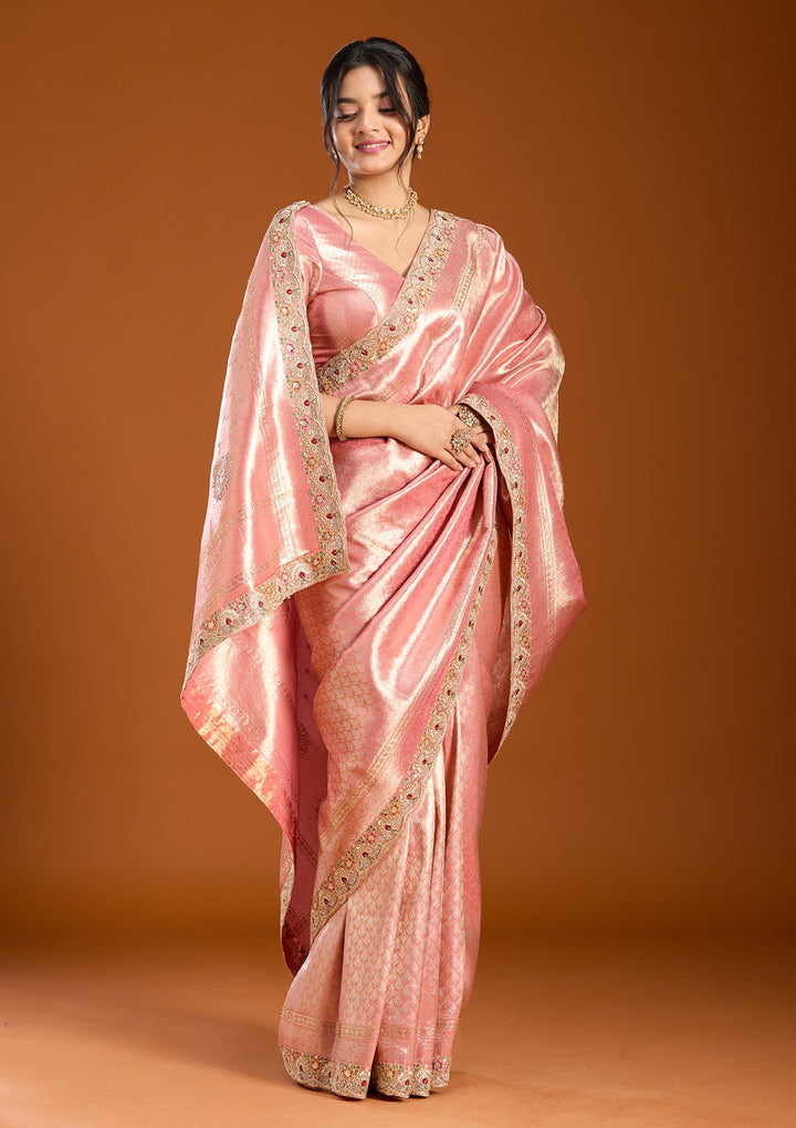 Peach Banarasi Art Silk Saree With Matching Blouse Piece