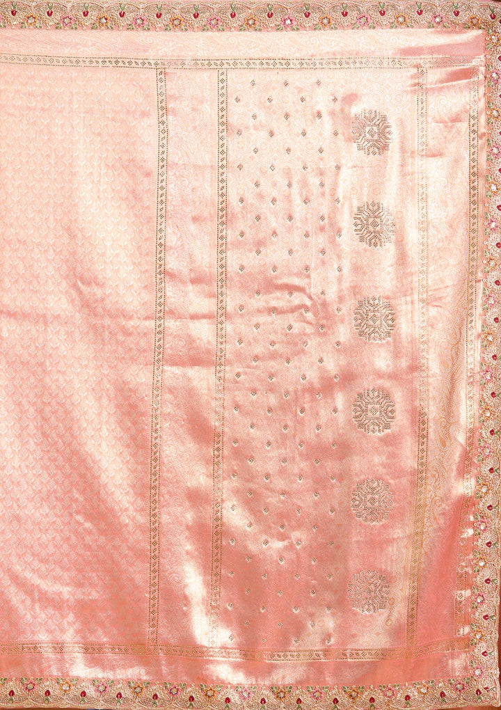 Peach Banarasi Art Silk Saree With Matching Blouse Piece