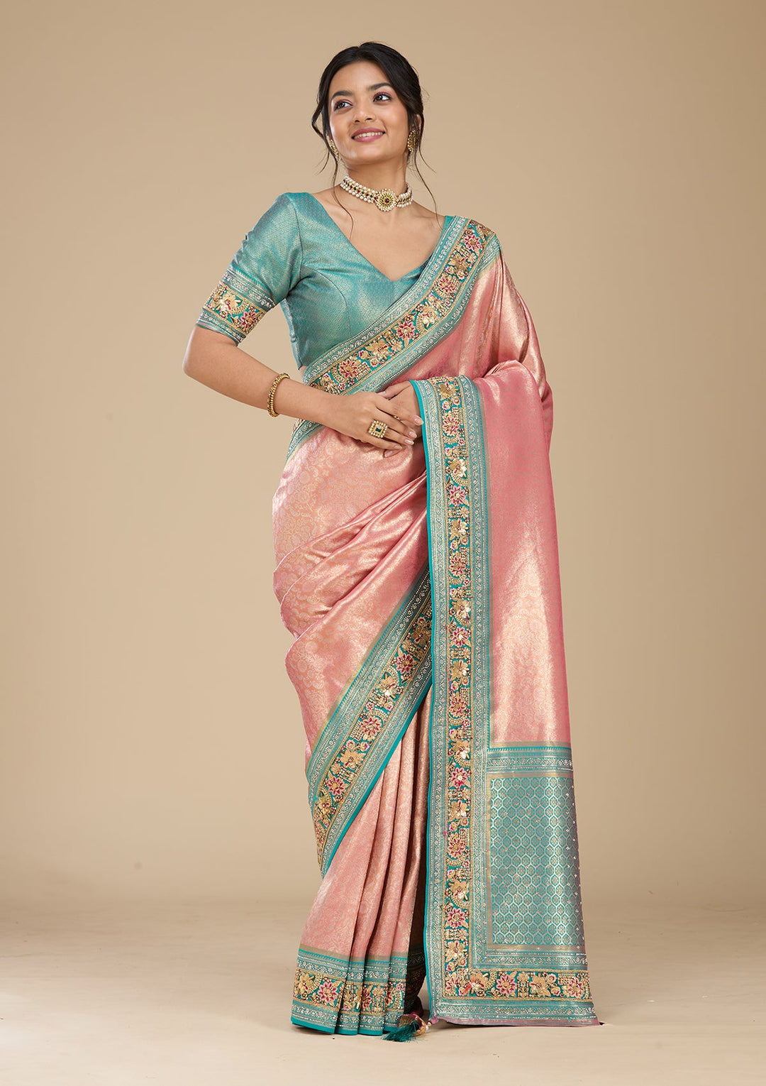 Onion Pink Banarasi Art Silk Saree With Matching Blouse Piece