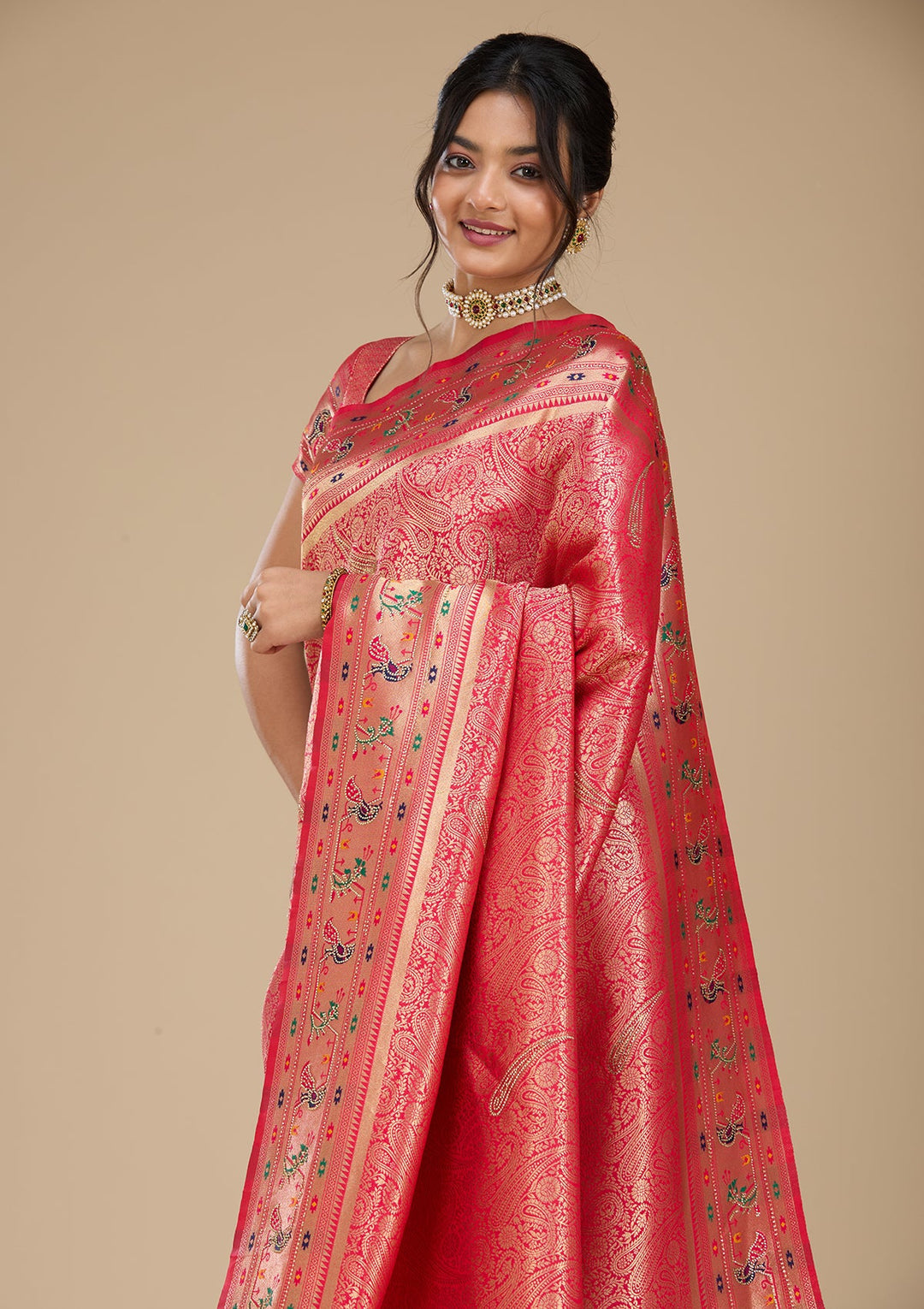 Rani Pink Swarovski Art Silk Saree With Matching Blouse Piece