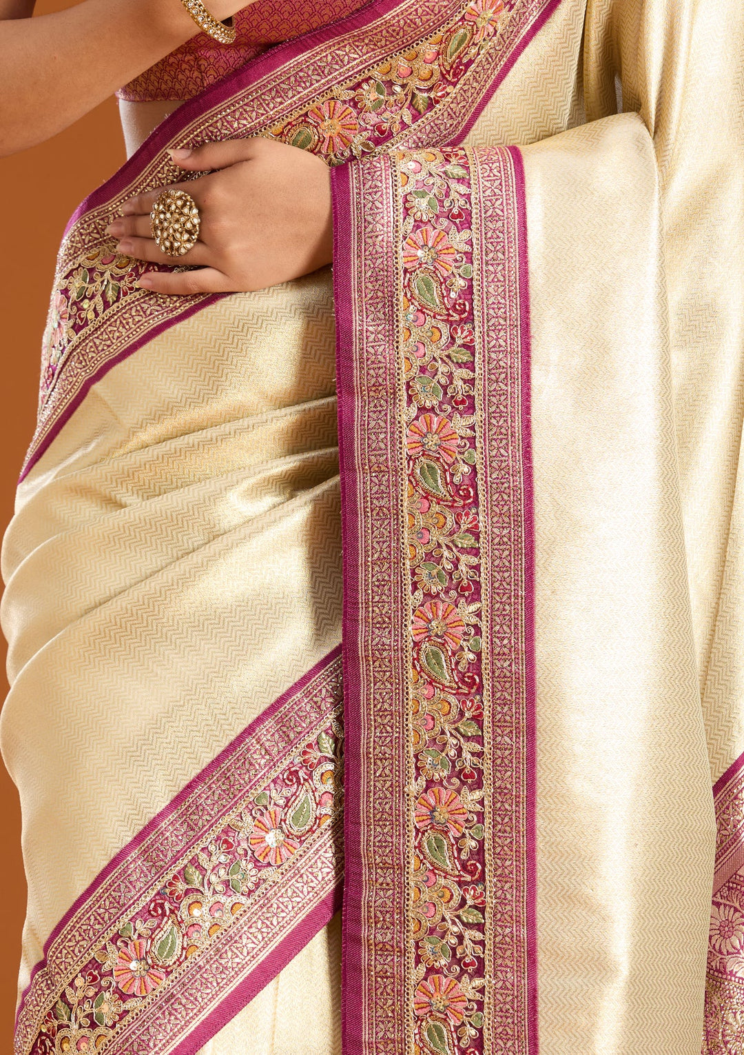 Cream Banarasi Art Silk Saree With Matching Blouse Piece