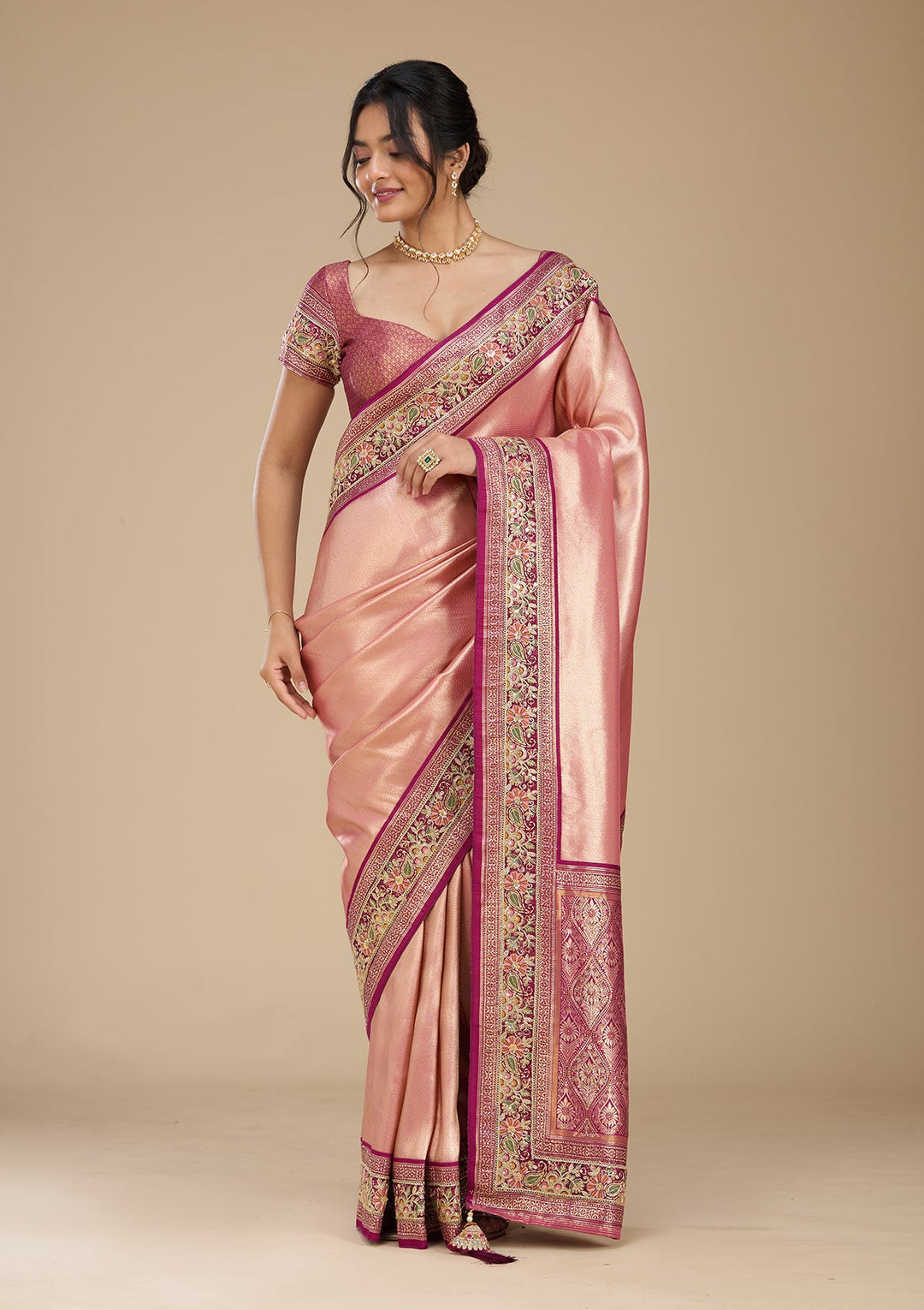 Peach Banarasi Art Silk Saree With Matching Blouse Piece