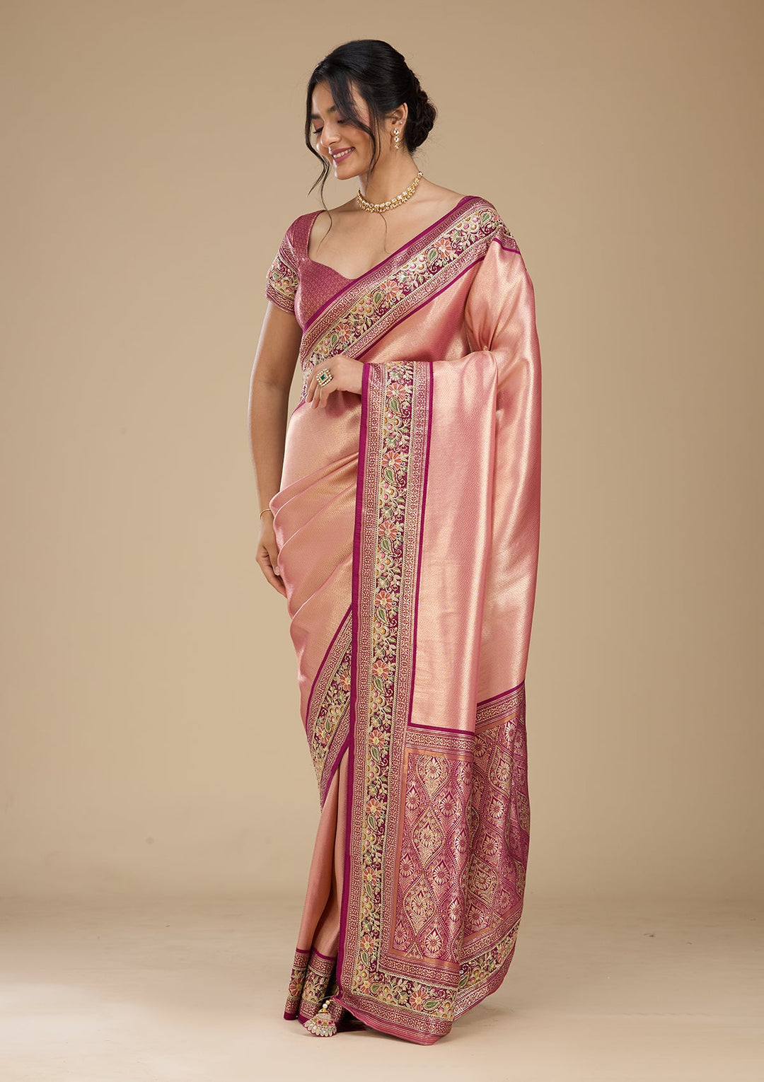 Peach Banarasi Art Silk Saree With Matching Blouse Piece