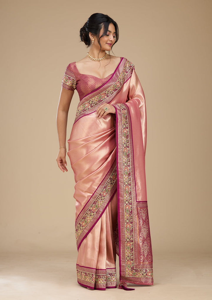 Peach Banarasi Art Silk Saree With Matching Blouse Piece