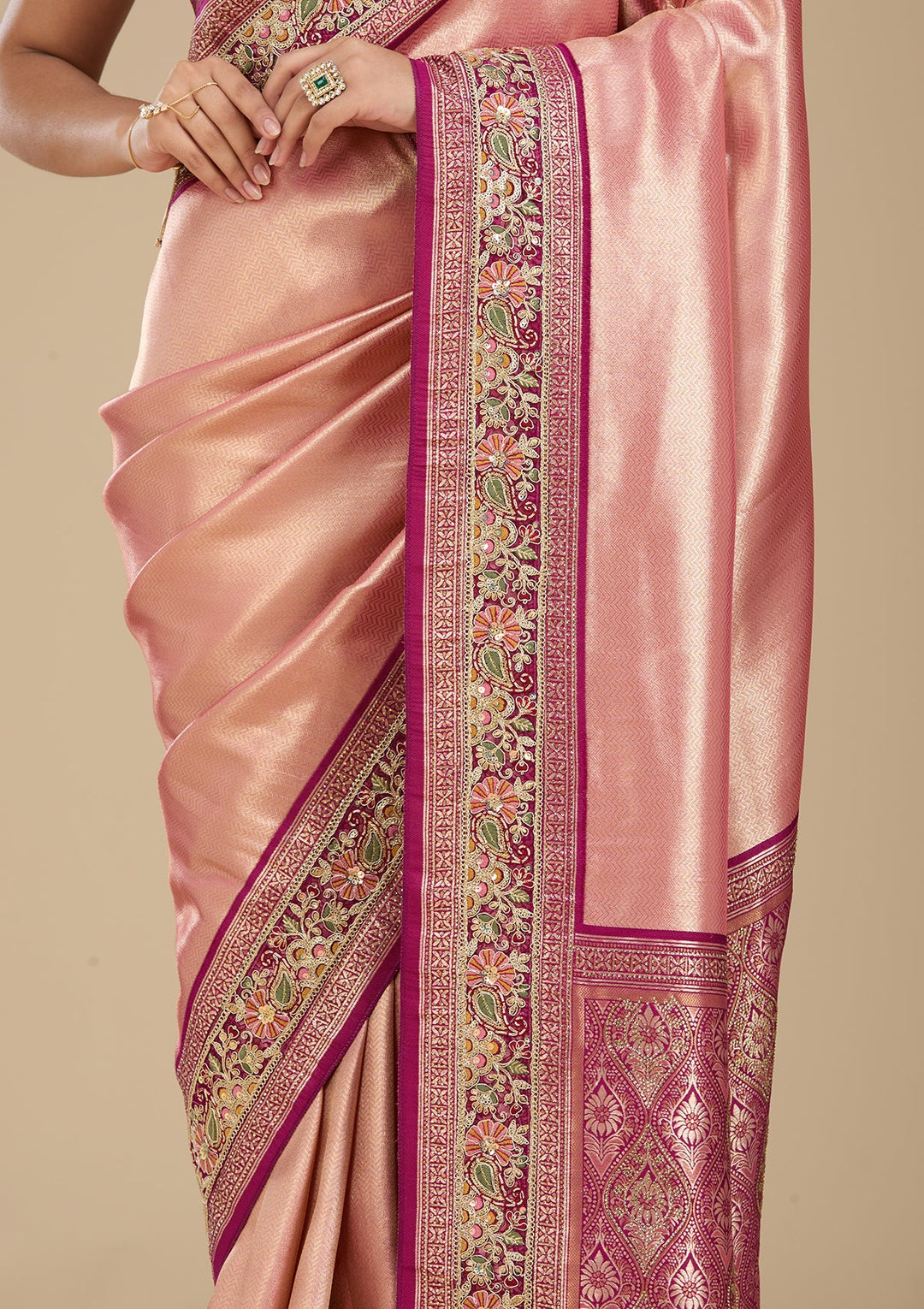 Peach Banarasi Art Silk Saree With Matching Blouse Piece