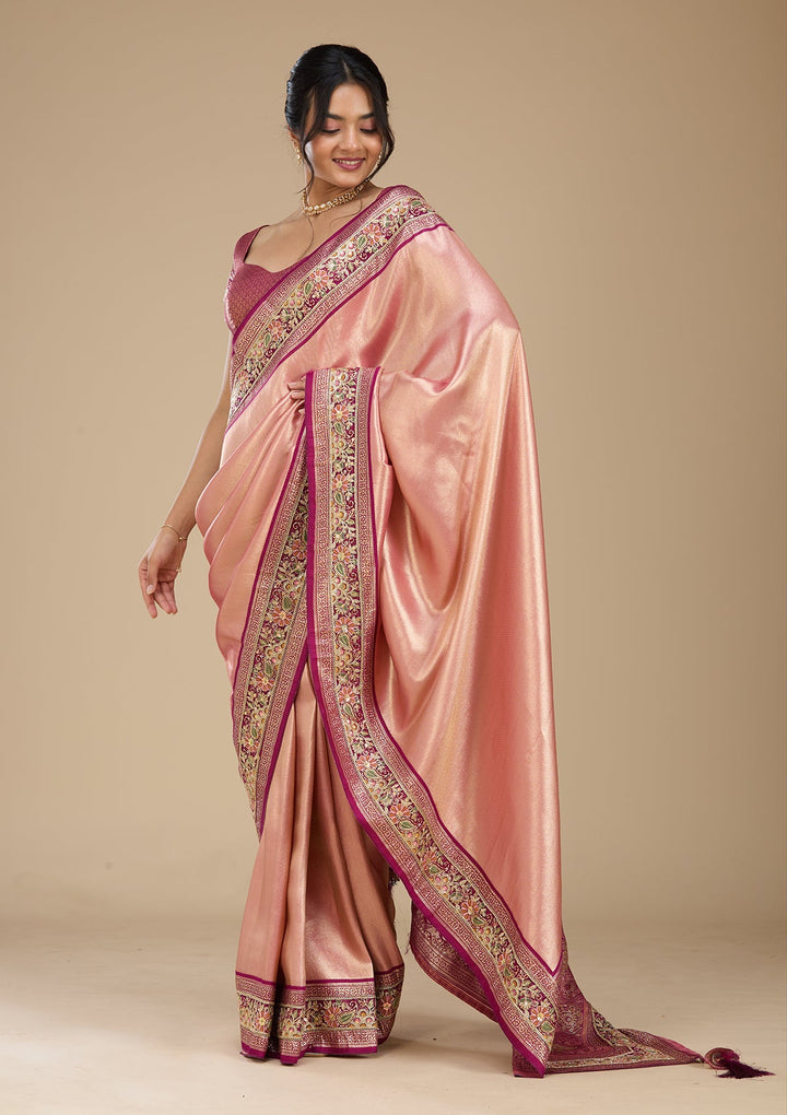 Peach Banarasi Art Silk Saree With Matching Blouse Piece