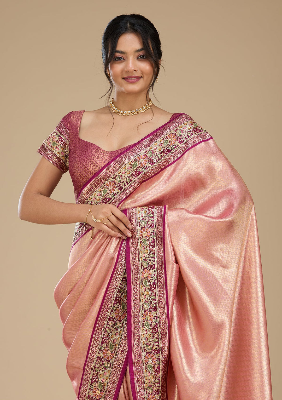 Peach Banarasi Art Silk Saree With Matching Blouse Piece