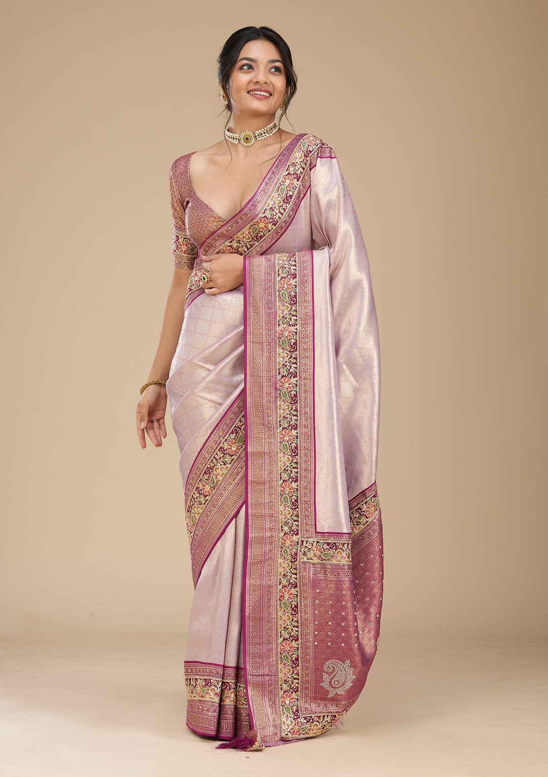 Lavender Banarasi Art Silk Saree With Matching Blouse Piece