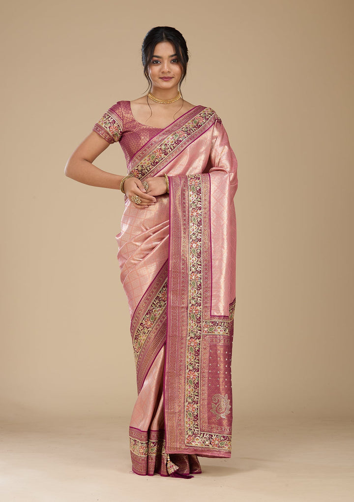 Peach Banarasi Art Silk Saree With Matching Blouse Piece