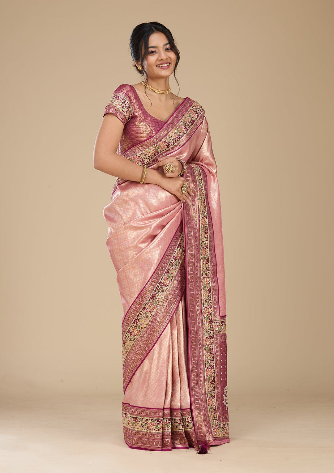 Peach Banarasi Art Silk Saree With Matching Blouse Piece
