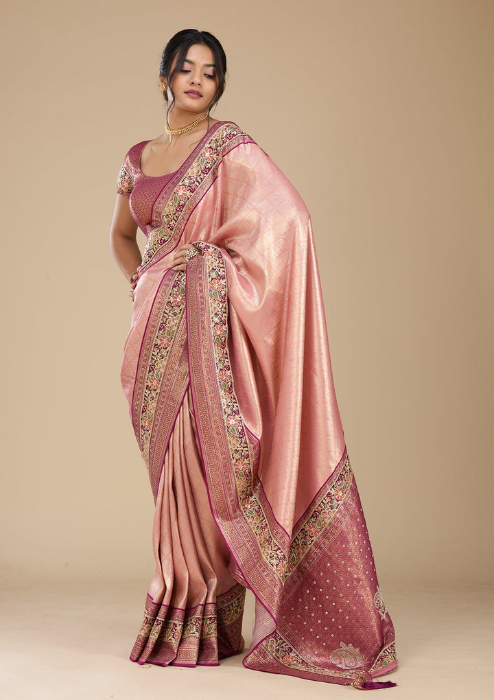 Peach Banarasi Art Silk Saree With Matching Blouse Piece