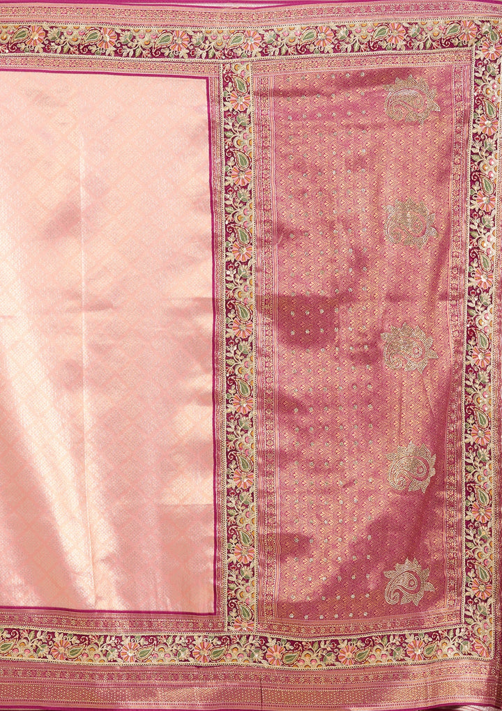 Peach Banarasi Art Silk Saree With Matching Blouse Piece