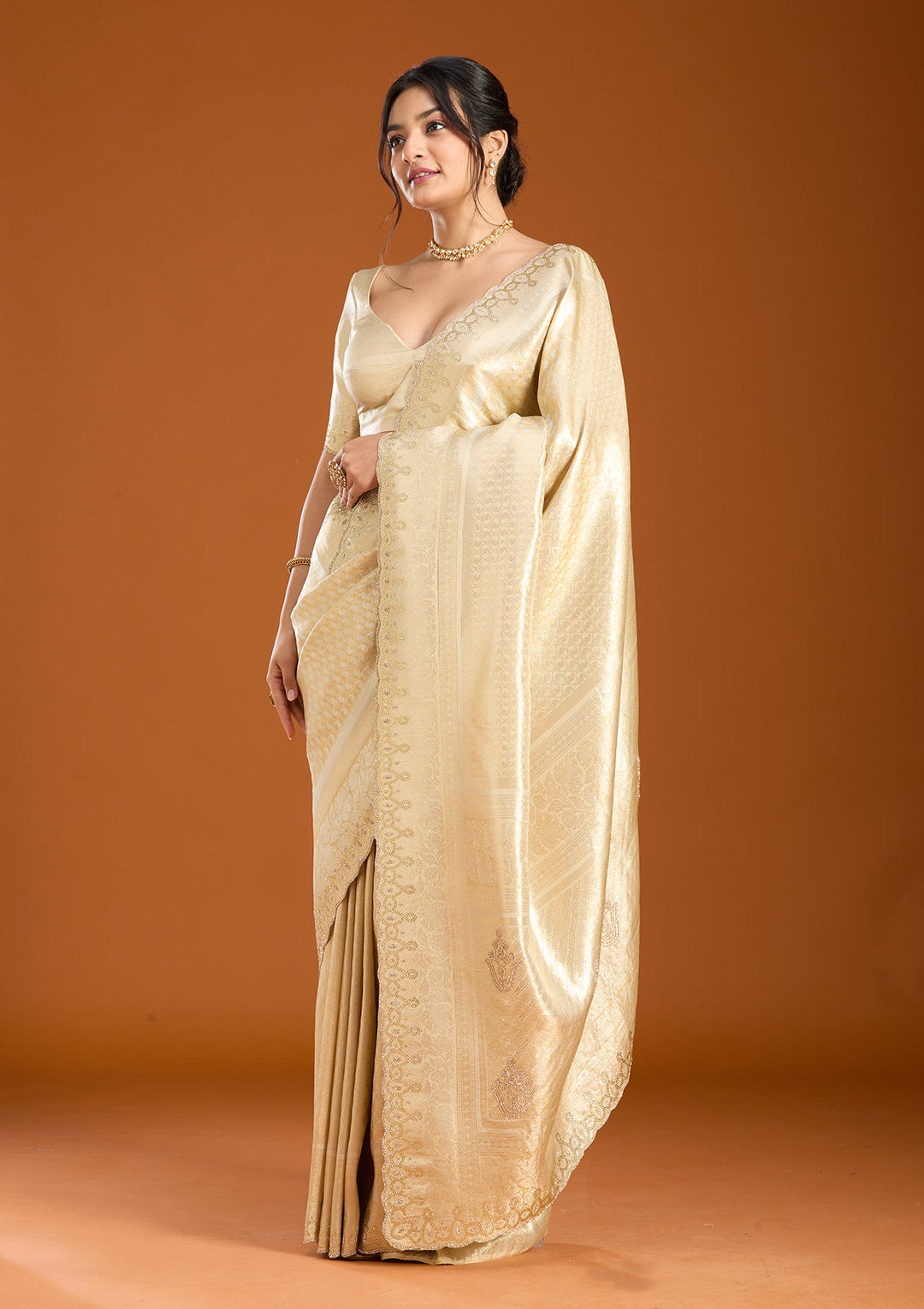 Beige Art Silk Jaal Swarovski Saree With Matching Blouse Piece