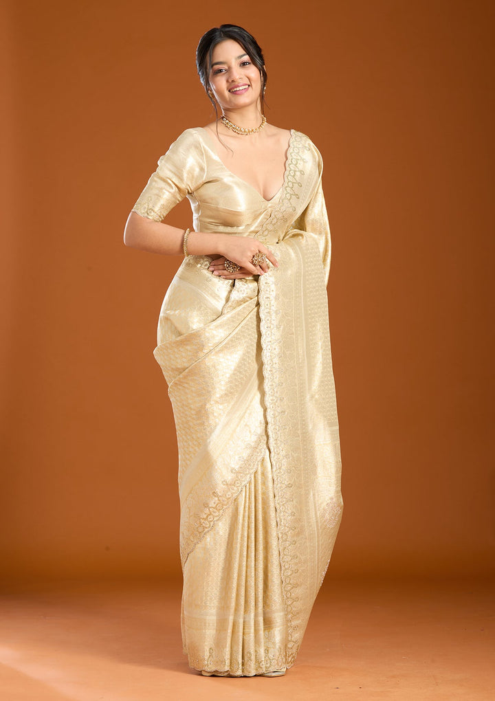 Beige Art Silk Jaal Swarovski Saree With Matching Blouse Piece