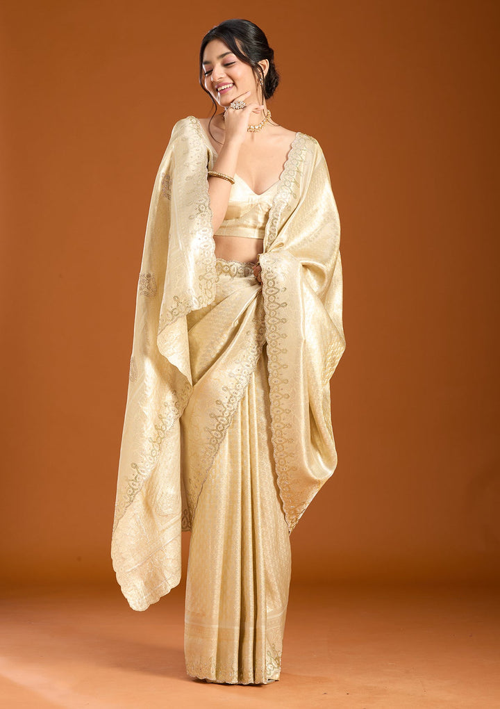 Beige Art Silk Jaal Swarovski Saree With Matching Blouse Piece