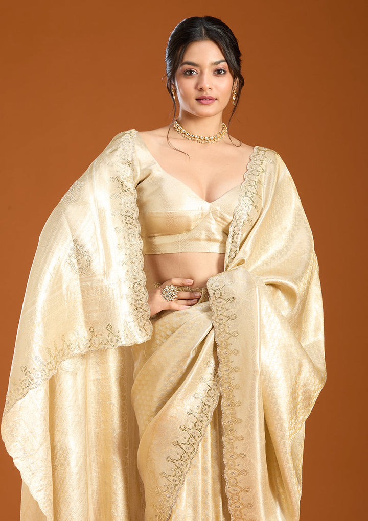 Beige Art Silk Jaal Swarovski Saree With Matching Blouse Piece