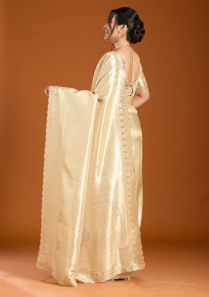 Beige Art Silk Jaal Swarovski Saree With Matching Blouse Piece