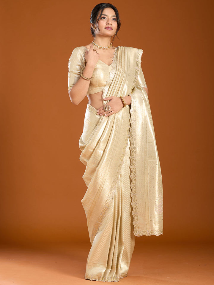 Beige Banarasi Art Silk Saree With Matching Blouse Piece