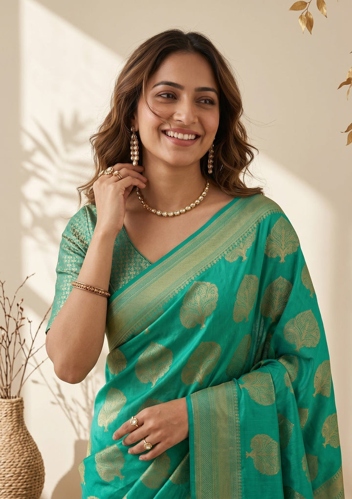 Leaf Green Silk Jaal Saree With Matching Blouse Piece