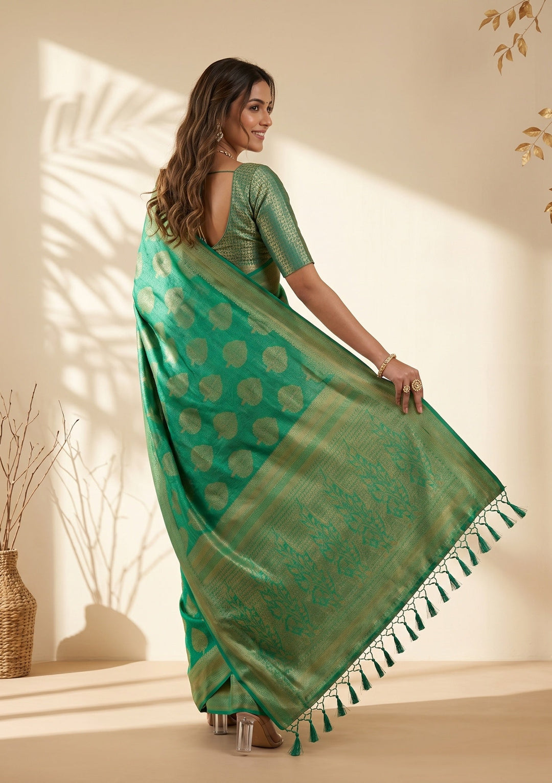 Leaf Green Silk Jaal Saree With Matching Blouse Piece