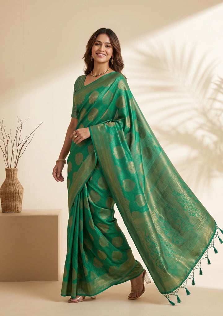 Leaf Green Silk Jaal Saree With Matching Blouse Piece