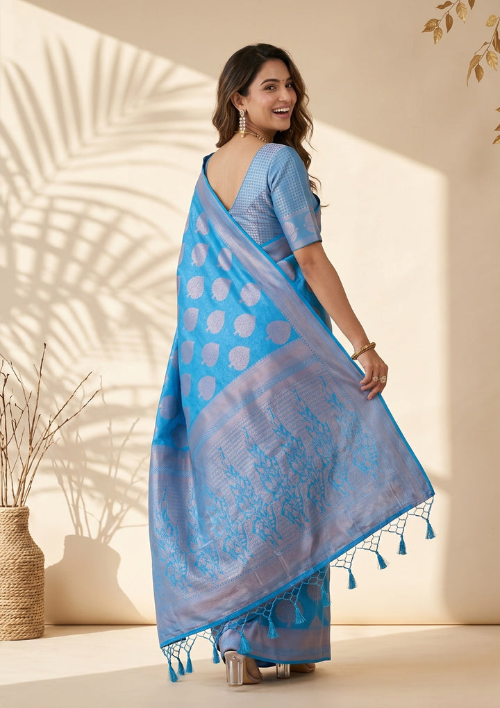 Turquoise Blue Silk Jaal Saree With Matching Blouse Piece