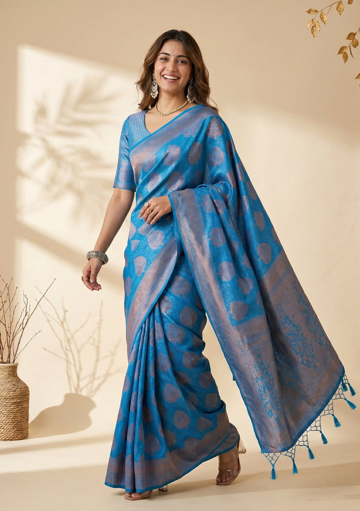 Turquoise Blue Silk Jaal Saree With Matching Blouse Piece