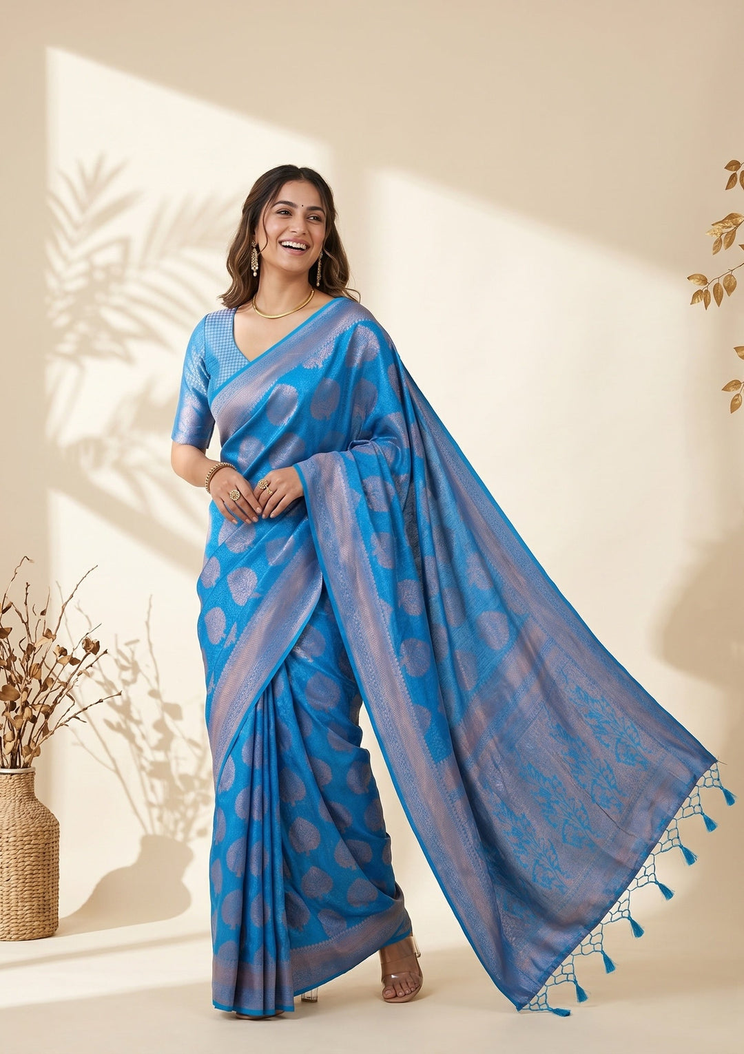 Turquoise Blue Silk Jaal Saree With Matching Blouse Piece