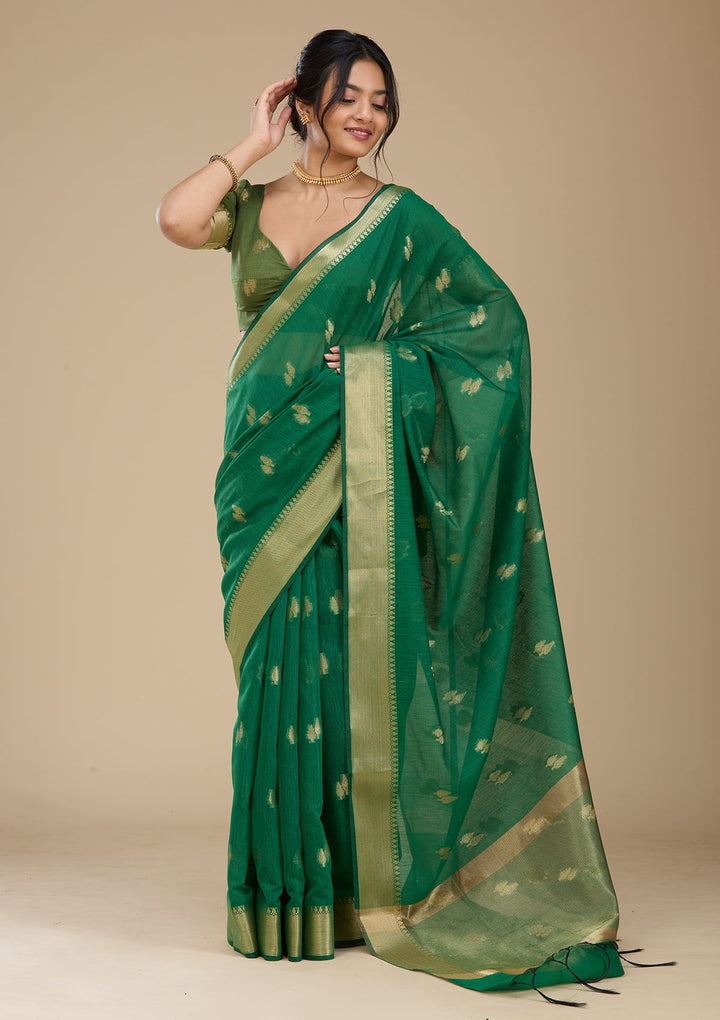 Bottle Green Banarasi Silk Saree With Matching Blouse Piece