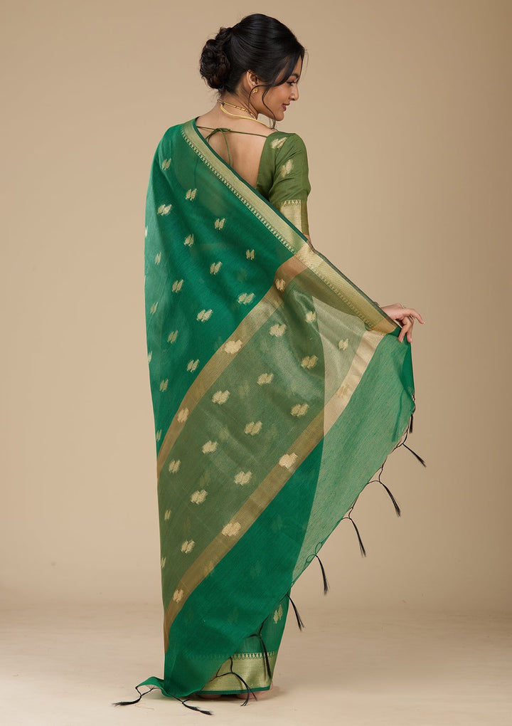 Bottle Green Banarasi Silk Saree With Matching Blouse Piece