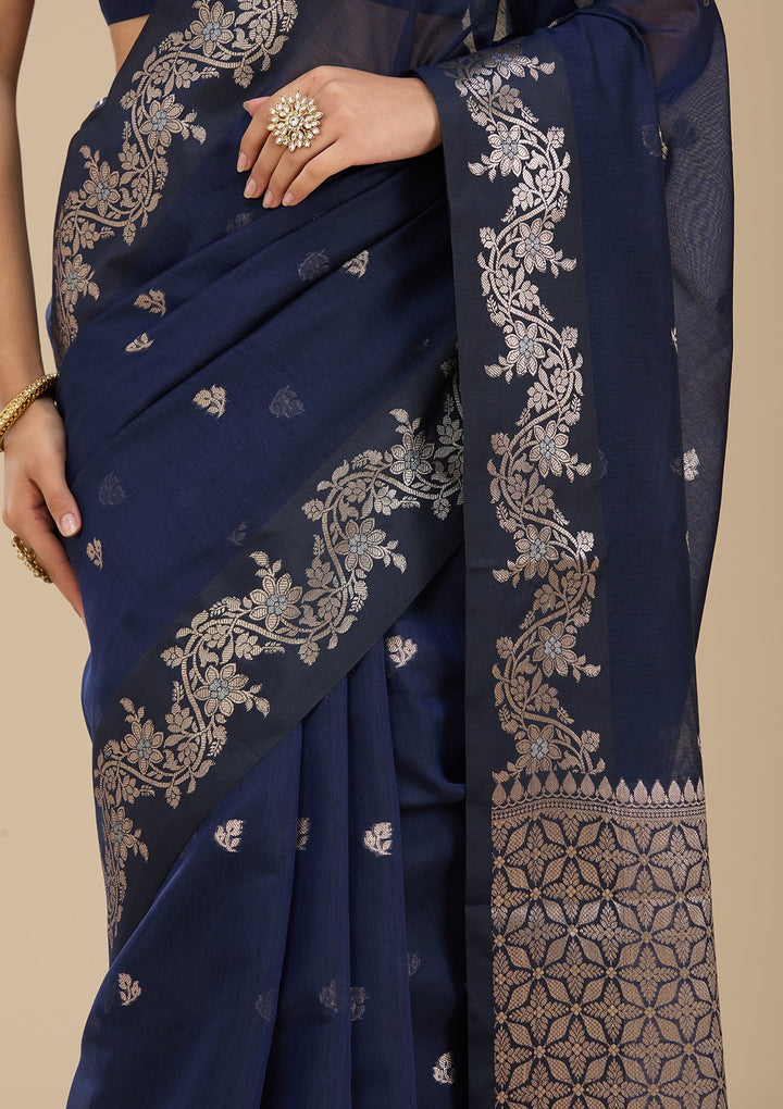 Navy Blue Banarasi Silk Saree With Matching Blouse Piece