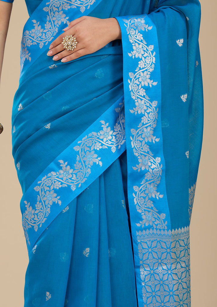 Peacock Blue Banarasi Silk Saree With Matching Blouse Piece