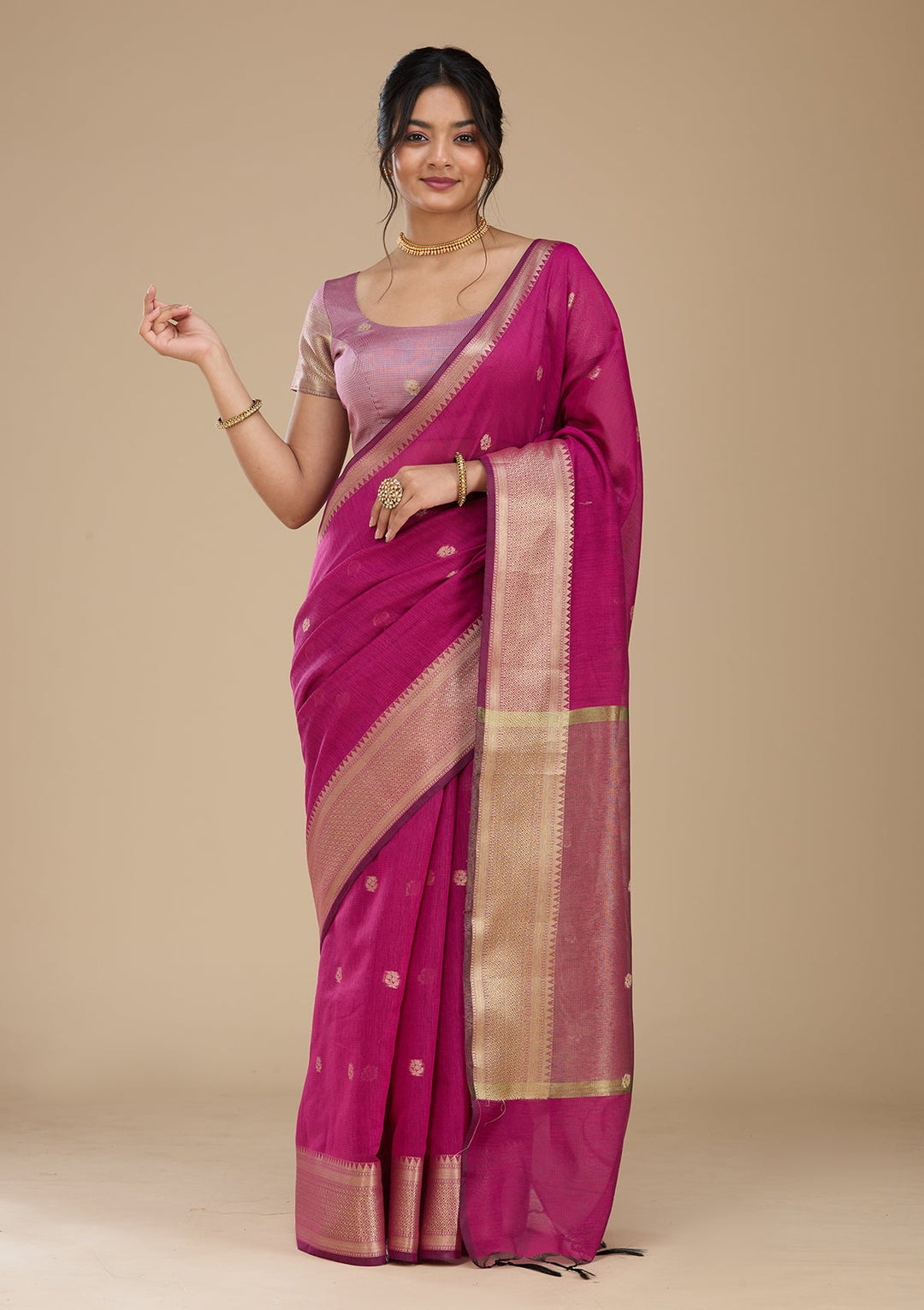 Wine Banarasi Silk Saree With Matching Blouse Piece