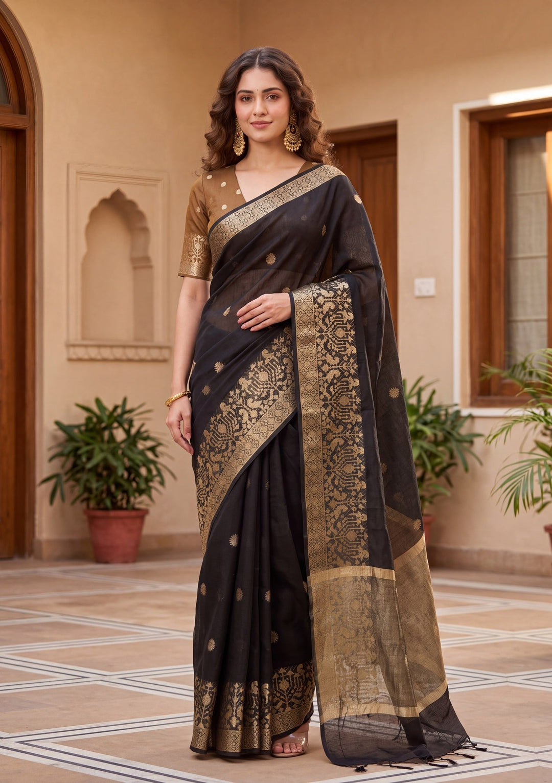 Black Art Silk Patola Buti Saree With Matching Blouse Piece