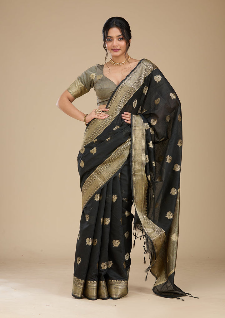 Black Banarasi Silk Saree With Matching Blouse Piece
