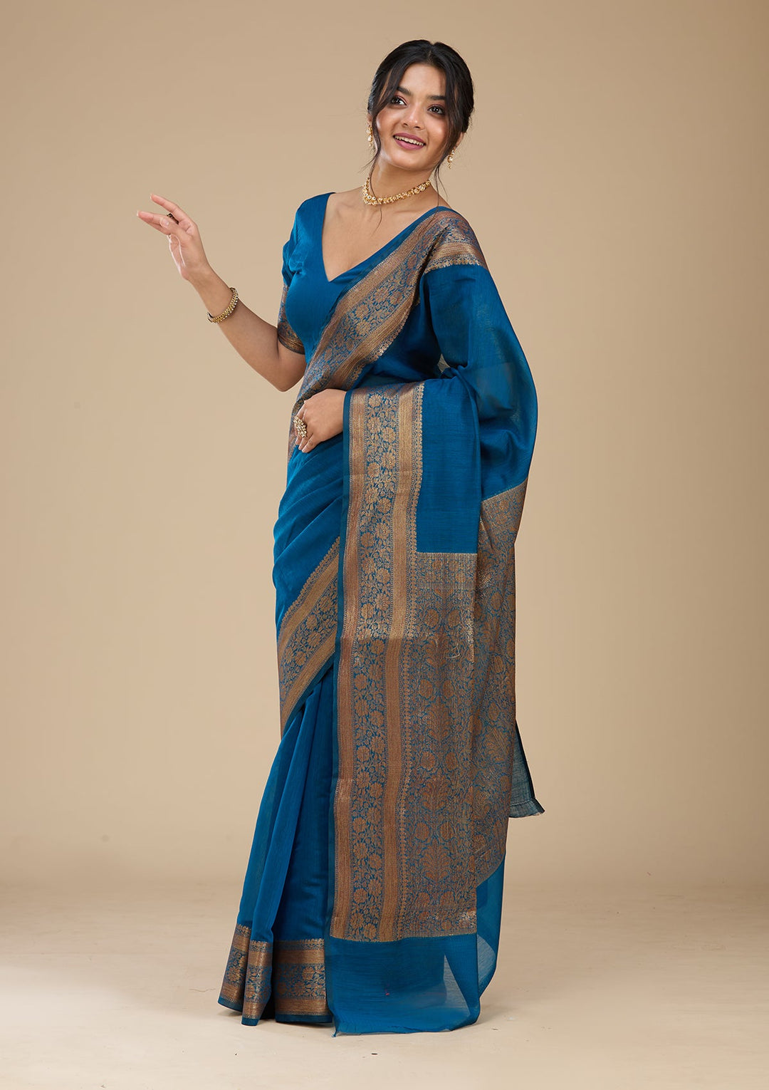 Peacock Blue Banarasi Cotton Silk Saree With Matching Blouse Piece