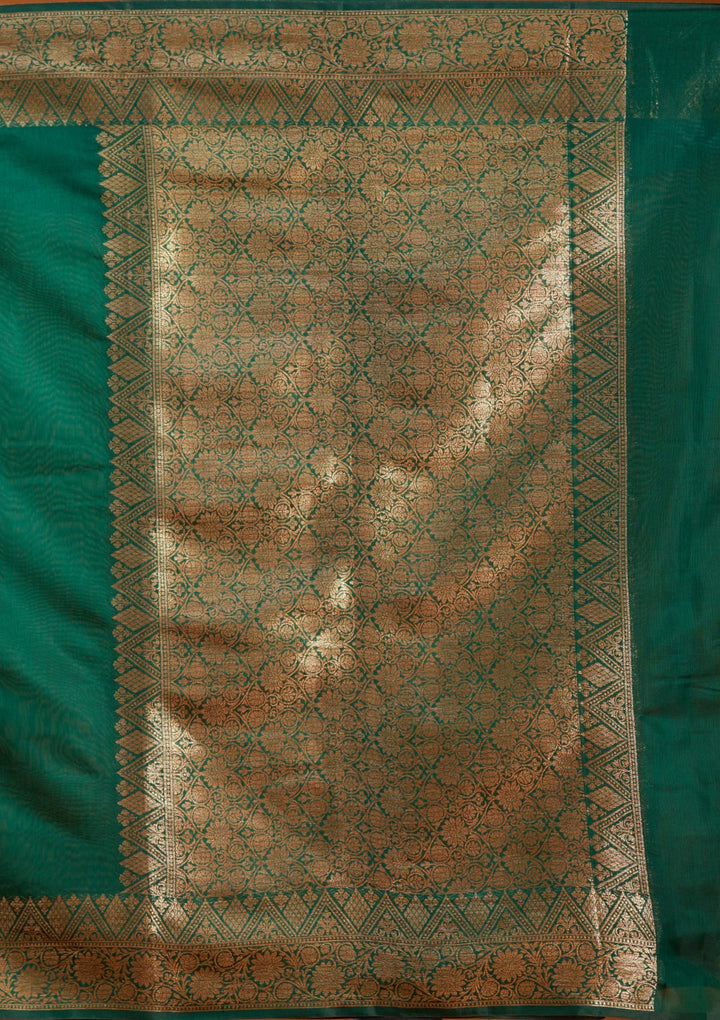 Bottle Green Banarasi Silk Saree With Matching Blouse Piece
